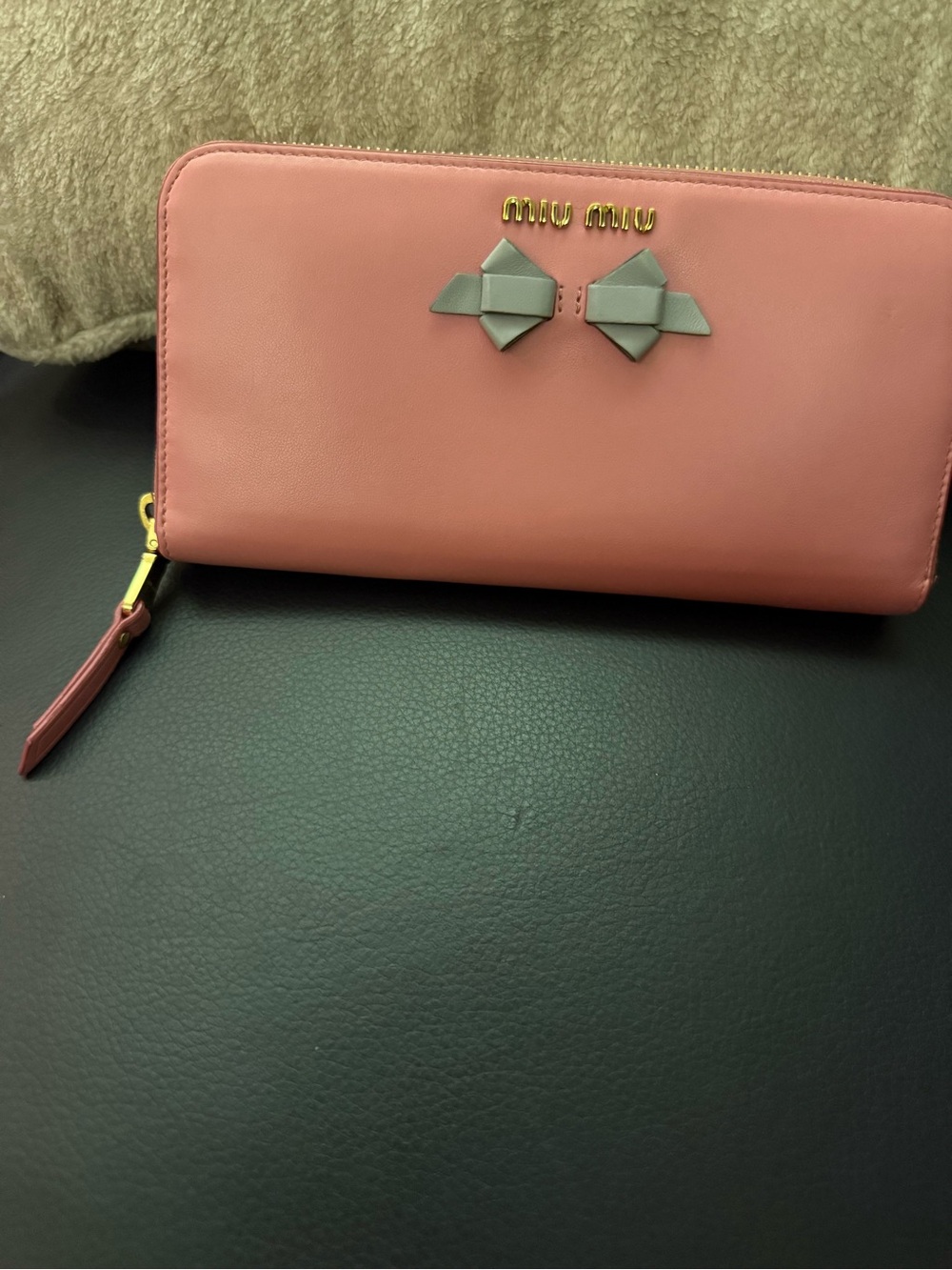 Miu Miu Pink Leather Zip Around Pink Wallet with Bow Detail